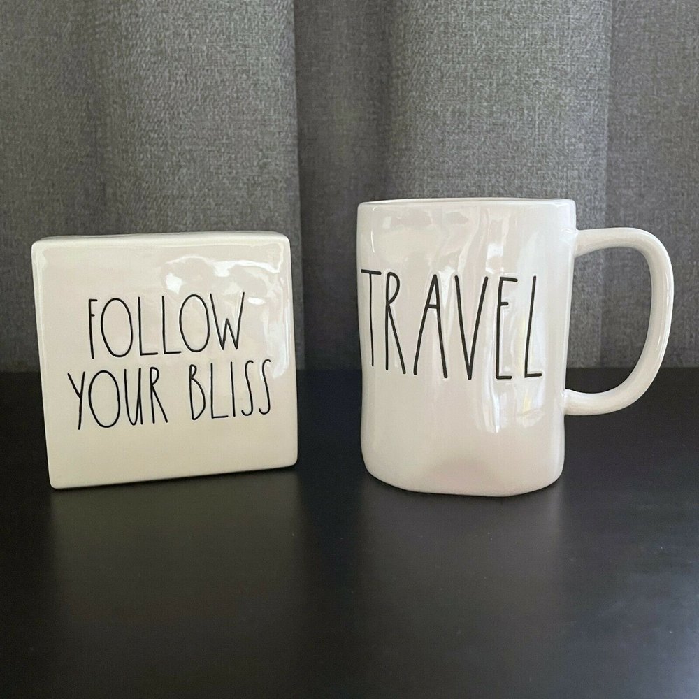 RAE DUNN "Follow Your Bliss" Block Sign Paper Weight and "Travel" Mug Set